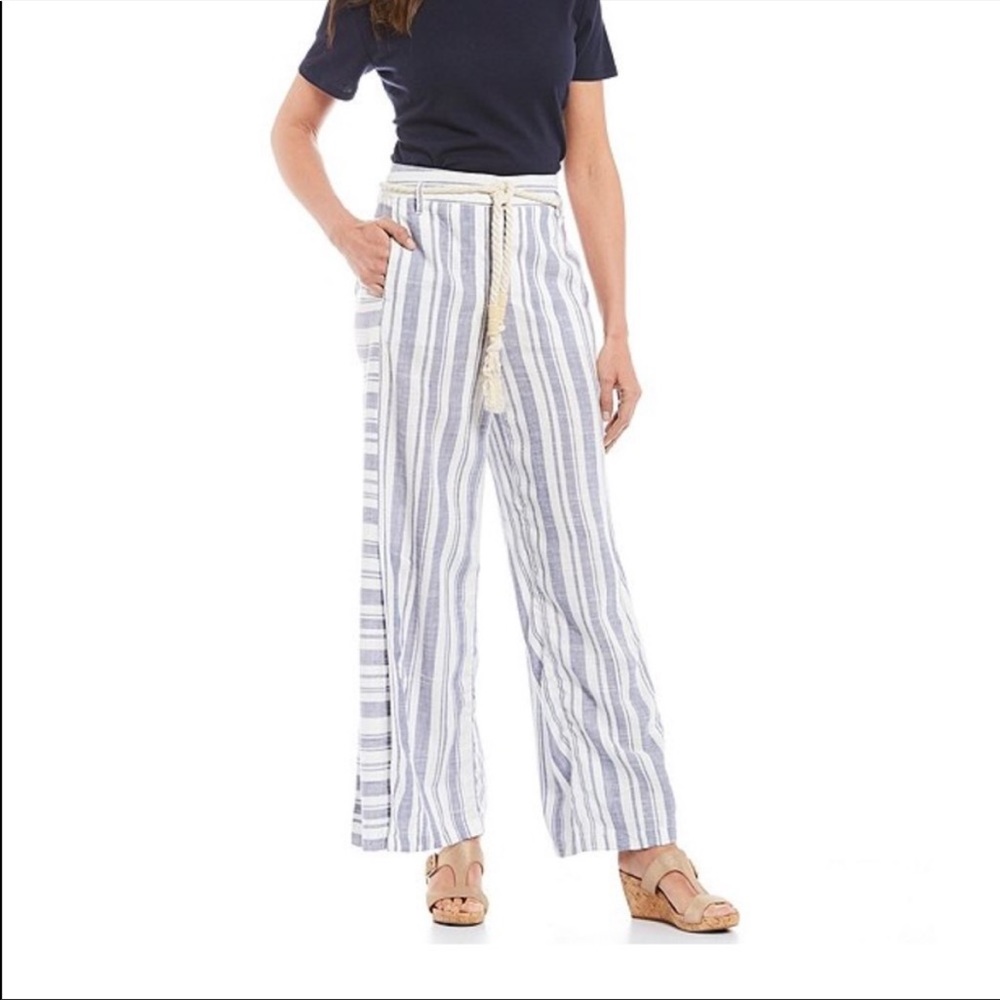 Chelsea & Theodore Linen Blend Wide Leg High Waisted Striped Pants